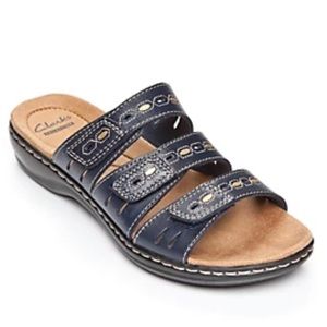 Clarks Collection's Leather Triple Strap Leisa Broach Slide Sandal Metal Cutout